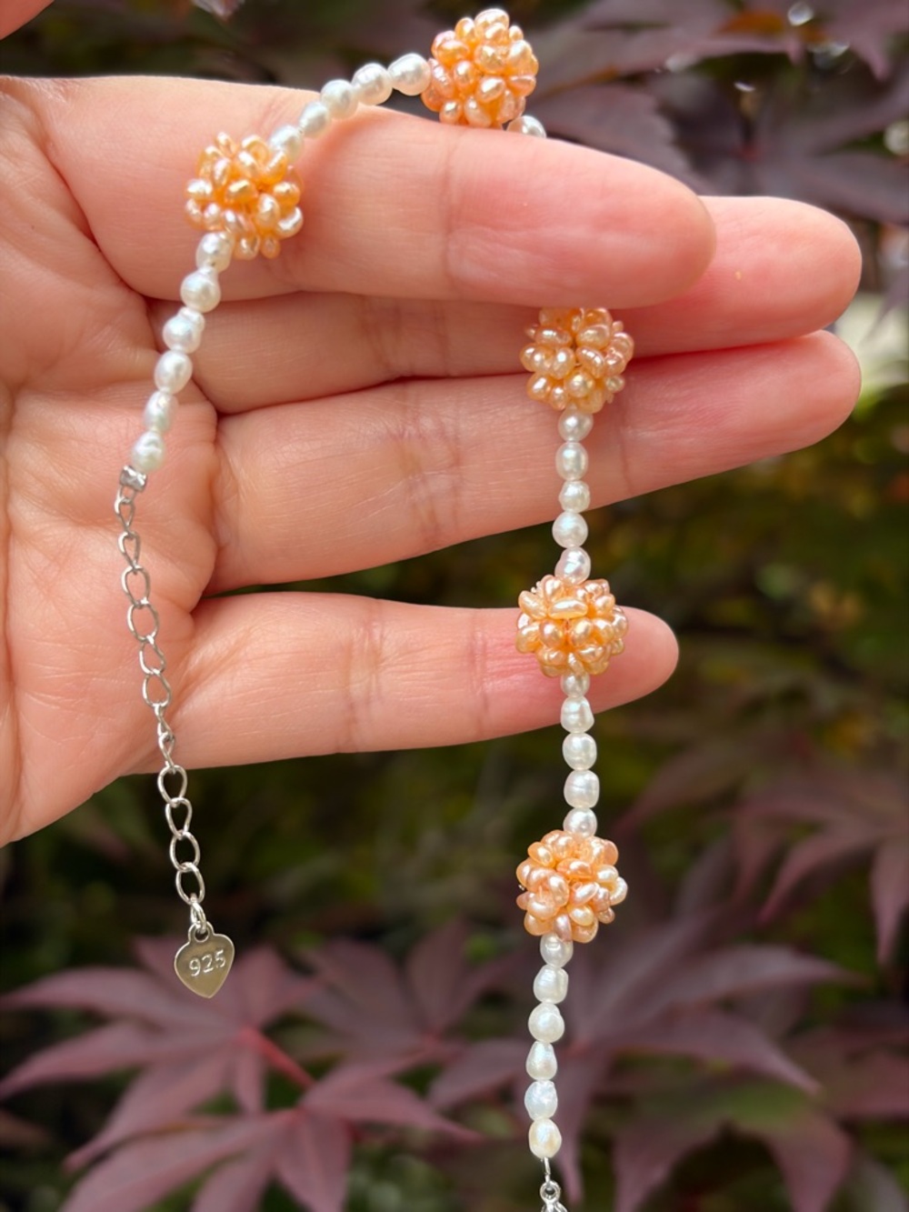 925 Popcorn White and Peach Pearls - Genuine Freshwater Bracelet.